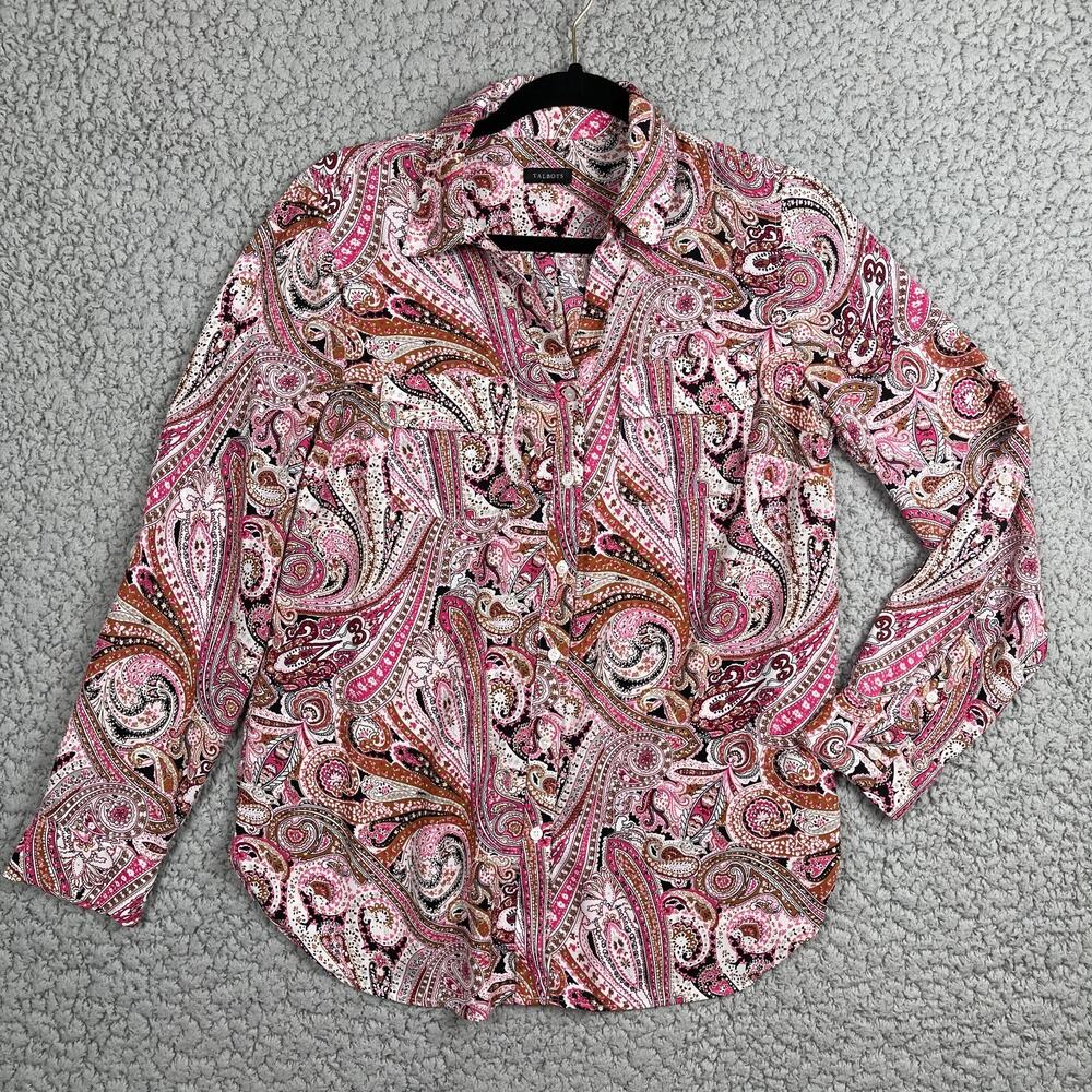 Talbots Paisley Button Up Shirt Womens Small Red Roll Tab Long Sleeve Slinky